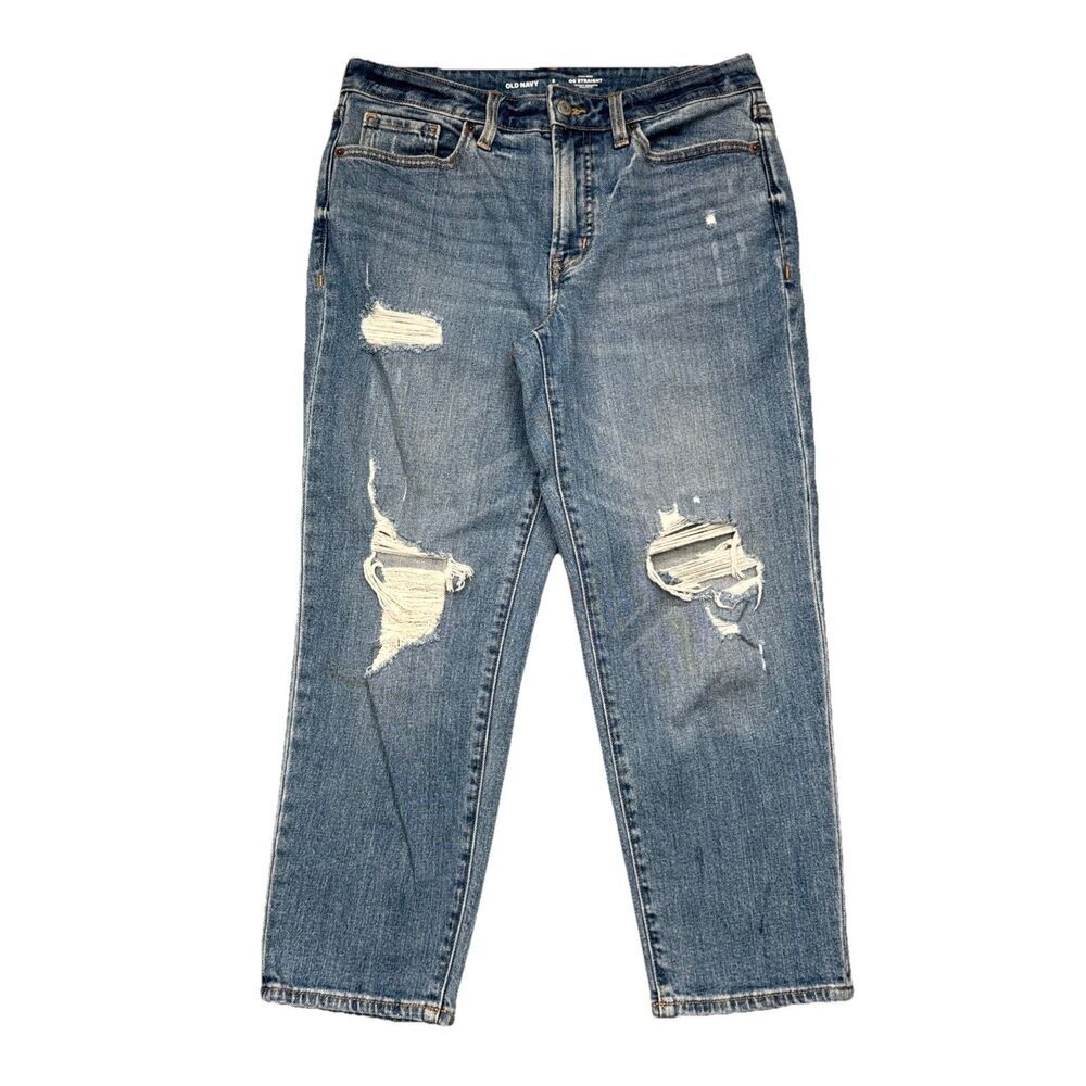 Old Navy High Rise OG Straight Jeans Petite 6P (29x24.5) Blue Distressed Womens